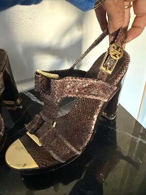Tory Burch Brown Snake-Embossed High Heel Sandals with Gold Accents